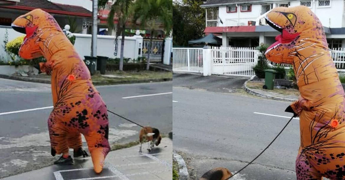 Dinosaur Alert — There’s A Man In Sabah Walking His Dog Dressed As A T-Rex!